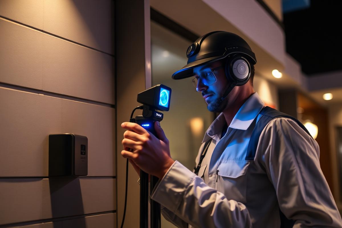 Técnico inspecionando parede com equipamento eletrônico